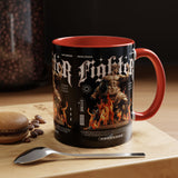 Fighter Accent Coffee Mug 11oz 15oz Black Ceramic Cup with Greek Warrior Statue and Flames Design for Hustlers and Motivated Minds
