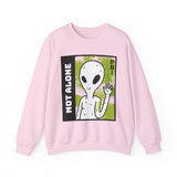 Unisex Not Alone Alien Crewneck Sweatshirt UFO Cartoon Graphic Pullover Extraterrestrial Sci Fi Space Themed Conspiracy Inspired Paranormal Streetwear