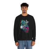 Seahorse Knight Neon Warrior Unisex Heavy Blend Crewneck Sweatshirt Vibrant Cyberpunk Fantasy Streetwear Pullover Futuristic Oceanic Armor Design For Gamers Creators Dreamers And Art Lovers
