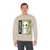 Unisex Not Alone Alien Crewneck Sweatshirt UFO Cartoon Graphic Pullover Extraterrestrial Sci Fi Space Themed Conspiracy Inspired Paranormal Streetwear
