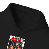 Mystic Mask Flames Graphic Unisex Heavy Blend Hoodie Hustler Streetwear Motivational Dark Mystery Bold Fire Design