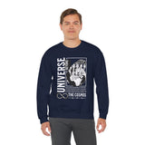 Universe Beyond The Cosmos Unisex Heavy Blend Crewneck Sweatshirt Graphic Pullover Black Skeleton Hand Space Infinity Streetwear Futuristic Sci Fi Artistic Fashion Outfit