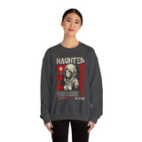 Haunted Warrior Unisex Heavy Blend Crewneck Sweatshirt Graphic Pullover Black Samurai Ninja Fighter Bold Red Streetwear Futuristic Artistic Fashion Outfit