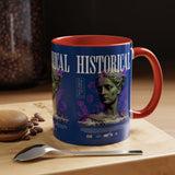 Historical Accent Coffee Mug 11oz 15oz Black Ceramic Cup with Greek Goddess Statue and Purple Floral Design for Art and History Lovers