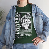 Universe Beyond The Cosmos Unisex Heavy Cotton Tee Graphic Black T Shirt Skeleton Hand Space Infinity Streetwear Futuristic Sci Fi Artistic Fashion Outfit