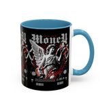 Money Bright Angel Accent Coffee Mug 11oz 15oz Gothic Statue Black Ceramic Cup with Red Flames and Cash Design for Hustlers
