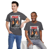 Mystic Mask Flames Graphic Unisex Heavy Cotton Tee Hustler Streetwear Motivational Dark Mystery Bold Design