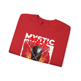 Mystic Mask Flames Graphic Unisex Heavy Blend Crewneck Sweatshirt Hustler Streetwear Motivational Dark Mystery Bold Fire Design