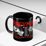 Money Ambition Accent Coffee Mug 11oz 15oz Black Ceramic Cup with Bold Red Typography and Cash Stack Design for Entrepreneurs and Hustlers