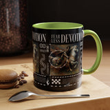 Fearless Devotion Accent Coffee Mug 11oz 15oz Black Ceramic Cup with Warrior on Horse Artwork for Courage Loyalty and Strength Lovers