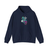 Seahorse Knight Neon Warrior Unisex Heavy Blend Hoodie Vibrant Cyberpunk Fantasy Streetwear Sweatshirt Futuristic Armor Design Perfect For Gamers Creators And Dreamers