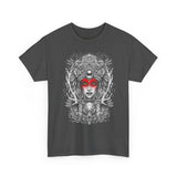 Mystic Warrior Goddess Unisex Heavy Cotton Tee Bold Monochrome Tribal Design Powerful Feminine Energy Streetwear Graphic T-Shirt for Art Lovers Festivals and Everyday Wear
