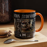 Fearless Devotion Accent Coffee Mug 11oz 15oz Black Ceramic Cup with Warrior on Horse Artwork for Courage Loyalty and Strength Lovers