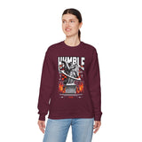Humble Angel Statue Unisex Heavy Blend Crewneck Sweatshirt Graphic Pullover Streetwear Fire Print Bold Motivational Urban Fashion Outfit