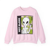 Not Alone Alien Unisex Crewneck Sweatshirt UFO Cartoon Graphic Pullover Extraterrestrial Sci Fi Space Themed Conspiracy Inspired Paranormal Streetwear