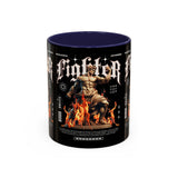 Fighter Accent Coffee Mug 11oz 15oz Black Ceramic Cup with Greek Warrior Statue and Flames Design for Hustlers and Motivated Minds