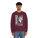 Universe Beyond The Cosmos Unisex Heavy Blend Crewneck Sweatshirt Graphic Pullover Black Skeleton Hand Space Infinity Streetwear Futuristic Sci Fi Artistic Fashion Outfit