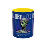 Historical Accent Coffee Mug 11oz 15oz Black Ceramic Cup with Greek Goddess Statue and Purple Floral Design for Art and History Lovers