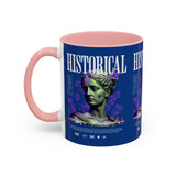 Historical Accent Coffee Mug 11oz 15oz Black Ceramic Cup with Greek Goddess Statue and Purple Floral Design for Art and History Lovers