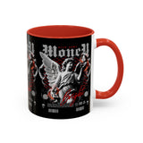 Money Bright Accent Coffee Mug 11oz 15oz Black Ceramic Gothic Angel Statue Design with Red Neon Artwork for Hustlers and Bold Thinkers