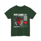 Heart Flower Graphic Unisex Heavy Cotton Tee Comfortable Streetwear T Shirt Bold Red and Black Floral Heart Design Symbol of Love Strength and Vitality Perfect Gift for Friends Birthdays and Casual Everyday Wear
