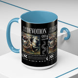 Fearless Devotion Accent Coffee Mug 11oz 15oz Black Ceramic Cup with Warrior on Horse Artwork for Courage Loyalty and Strength Lovers