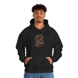 Inferno Spirit Fiery Dragon Whiskey Bottle Unisex Heavy Blend Hooded Sweatshirt Bold Streetwear Biker Inspired Tattoo Art Flame Design Symbol of Strength Rebellion and Passion