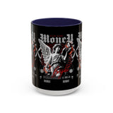 Money Bright Accent Coffee Mug 11oz 15oz Black Ceramic Gothic Angel Statue Design with Red Neon Artwork for Hustlers and Bold Thinkers