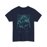 Prehistoric Thunder Unisex Heavy Cotton Tee Neon Raptor Design Electric Blue Lightning Artwork Bold Streetwear Statement For Dinosaur Lovers And Retro Art Fans