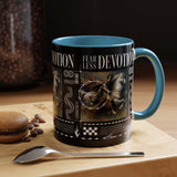Fearless Devotion Accent Coffee Mug 11oz 15oz Black Ceramic Cup with Warrior on Horse Artwork for Courage Loyalty and Strength Lovers