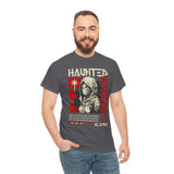 Haunted Warrior Unisex Heavy Cotton Tee Graphic Black T Shirt Bold Red Samurai Ninja Inspired Futuristic Streetwear Artistic Fashion Outfit