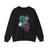Seahorse Knight Neon Warrior Unisex Heavy Blend Crewneck Sweatshirt Vibrant Cyberpunk Fantasy Streetwear Pullover Futuristic Oceanic Armor Design For Gamers Creators Dreamers And Art Lovers