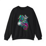 Seahorse Knight Neon Warrior Unisex Heavy Blend Crewneck Sweatshirt Vibrant Cyberpunk Fantasy Streetwear Pullover Futuristic Oceanic Armor Design For Gamers Creators Dreamers And Art Lovers