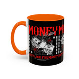 Money Ambition Accent Coffee Mug 11oz 15oz Black Ceramic Cup with Bold Red Typography and Cash Stack Design for Entrepreneurs and Hustlers