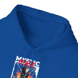 Mystic Mask Flames Graphic Unisex Heavy Blend Hoodie Hustler Streetwear Motivational Dark Mystery Bold Fire Design