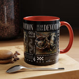 Fearless Devotion Accent Coffee Mug 11oz 15oz Black Ceramic Cup with Warrior on Horse Artwork for Courage Loyalty and Strength Lovers