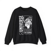Universe Beyond The Cosmos Unisex Heavy Blend Crewneck Sweatshirt Graphic Pullover Black Skeleton Hand Space Infinity Streetwear Futuristic Sci Fi Artistic Fashion Outfit