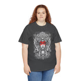 Mystic Warrior Goddess Unisex Heavy Cotton Tee Bold Monochrome Tribal Design Powerful Feminine Energy Streetwear Graphic T-Shirt for Art Lovers Festivals and Everyday Wear