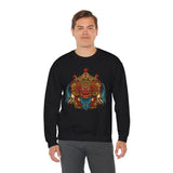 Unisex Mythical Tribal Mask Crewneck Sweatshirt Heavy Blend Pullover Cultural Warrior Spirit Inspired Festival Graphic Art Streetwear Top