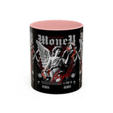 Money Bright Accent Coffee Mug 11oz 15oz Black Ceramic Gothic Angel Statue Design with Red Neon Artwork for Hustlers and Bold Thinkers
