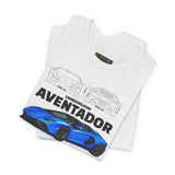 Aventador Blue Hypercar Blueprint Unisex Heavy Cotton Tee High Performance Streetwear Design for Car Enthusiasts Racers and Speed Lovers