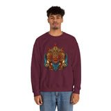 Mythical Tribal Mask Unisex Crewneck Sweatshirt Heavy Blend Pullover Cultural Warrior Spirit Inspired Festival Graphic Art Streetwear Top
