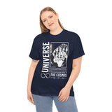Universe Beyond The Cosmos Unisex Heavy Cotton Tee Graphic Black T Shirt Skeleton Hand Space Infinity Streetwear Futuristic Sci Fi Artistic Fashion Outfit