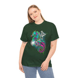 Seahorse Knight Neon Warrior Unisex Heavy Cotton Tee Futuristic Cyberpunk Fantasy Streetwear T Shirt Vibrant Medieval Armor Design Perfect For Gamers Dreamers And Art Lovers