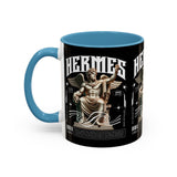 Hermes Accent Coffee Mug 11oz 15oz Black Ceramic Mythology Cup with Greek God Winged Statue Design for History Lovers and Art Enthusiasts