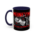 Money Ambition Accent Coffee Mug 11oz 15oz Black Ceramic Cup with Bold Red Typography and Cash Stack Design for Entrepreneurs and Hustlers