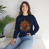 Unisex Mythical Tribal Mask Crewneck Sweatshirt Heavy Blend Pullover Cultural Warrior Spirit Inspired Festival Graphic Art Streetwear Top