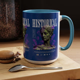 Historical Accent Coffee Mug 11oz 15oz Black Ceramic Cup with Greek Goddess Statue and Purple Floral Design for Art and History Lovers