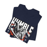 Humble Angel Statue Graphic Unisex Jersey Short Sleeve Tee Streetwear Fire Print T Shirt Bold Motivational Urban Fashion Outfit