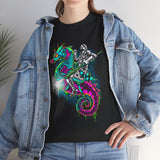 Seahorse Knight Neon Warrior Unisex Heavy Cotton Tee Futuristic Cyberpunk Fantasy Streetwear T Shirt Vibrant Medieval Armor Design Perfect For Gamers Dreamers And Art Lovers